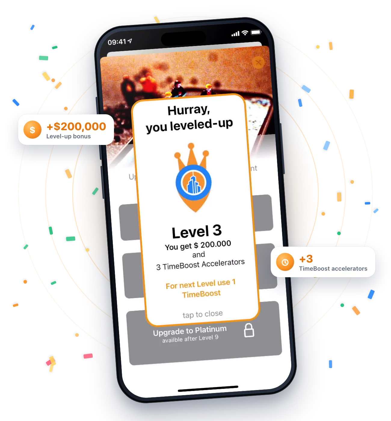 Level-up celebration with confetti in Estate Inc. 2.0