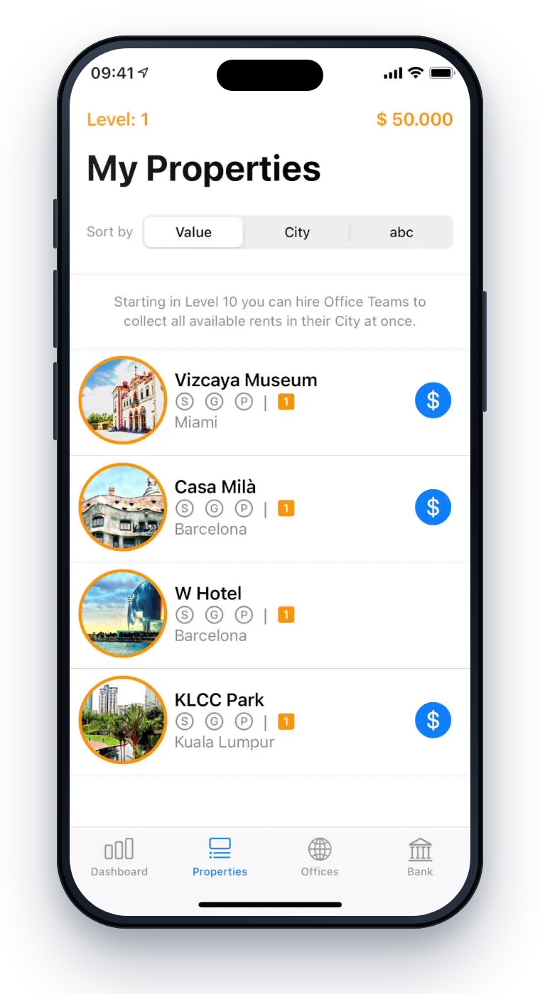 My Properties screen with rent ready to collect